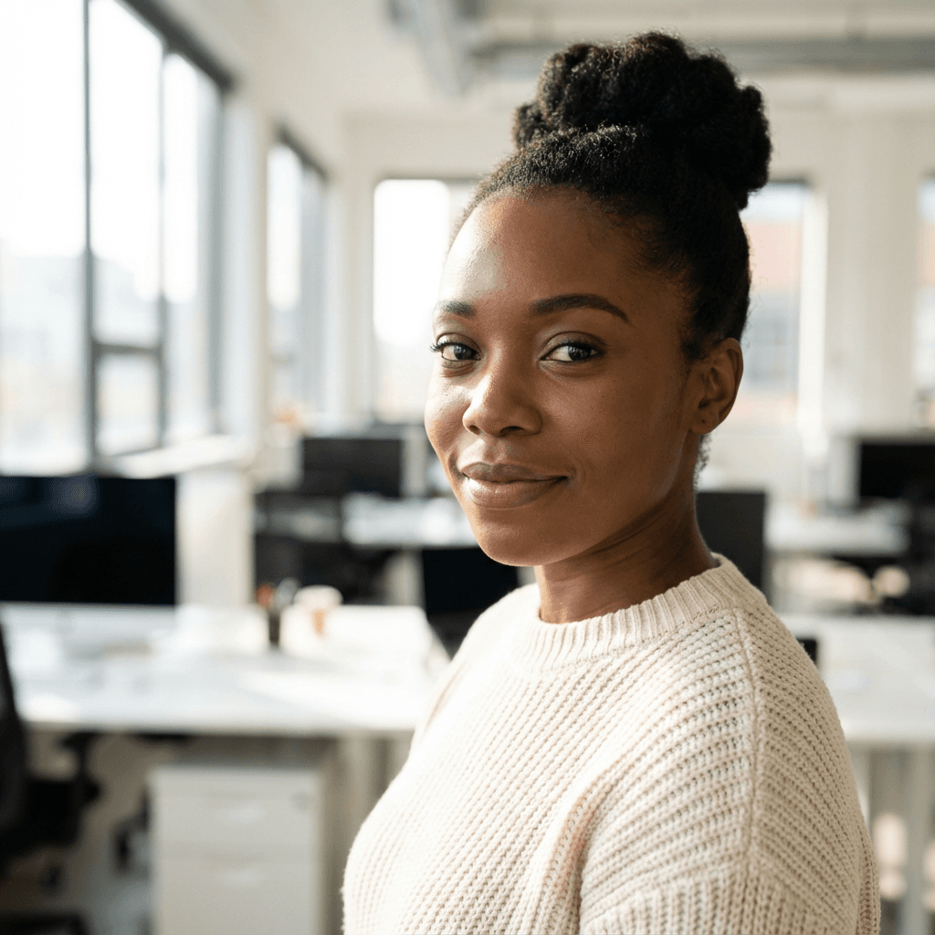 Female quality assurance specialist in her mid 30s, Black, meticulous and reliable appearance suitable for a health technology company