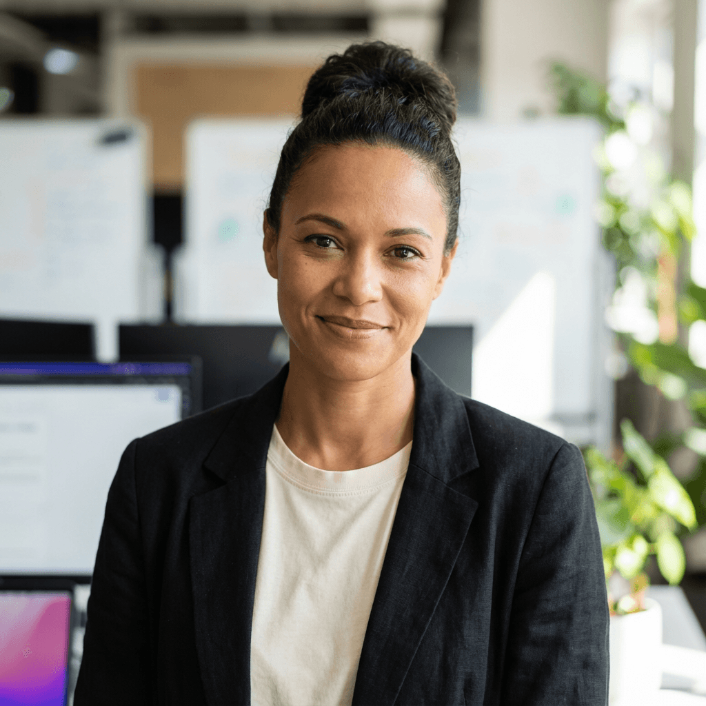 Female product developer in her early 30s, White, professional and focused demeanor suitable for a health technology company