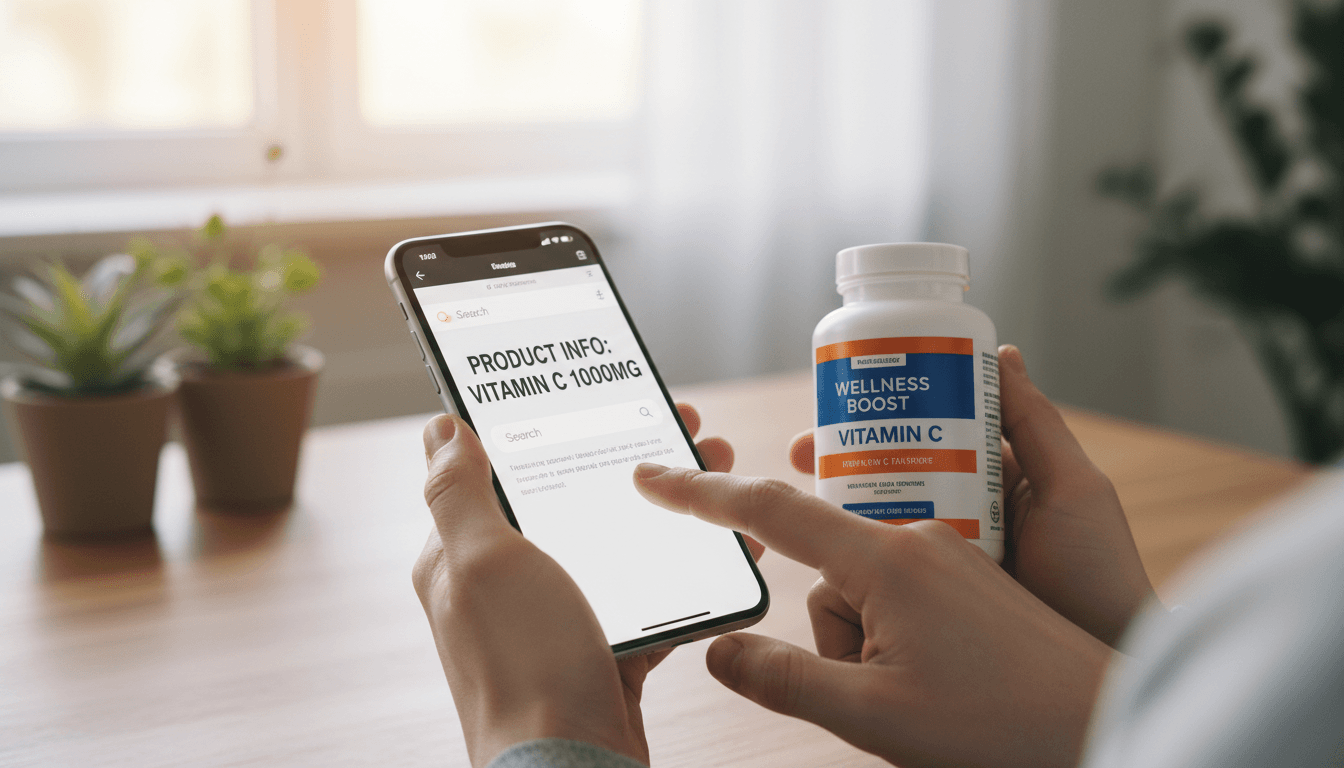 Person searching product details on a smartphone while holding a supplement bottle