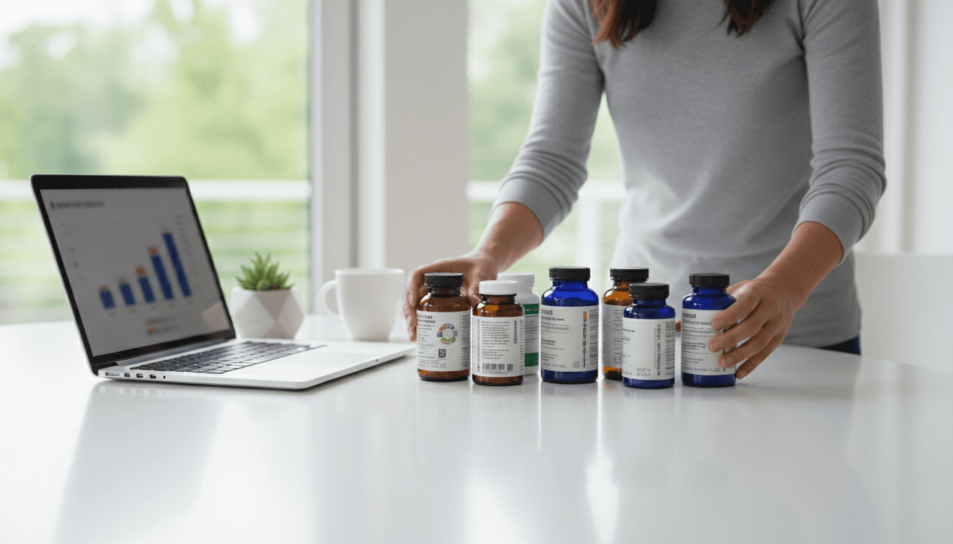 Person organizing supplement bottles on a clean modern table with a laptop