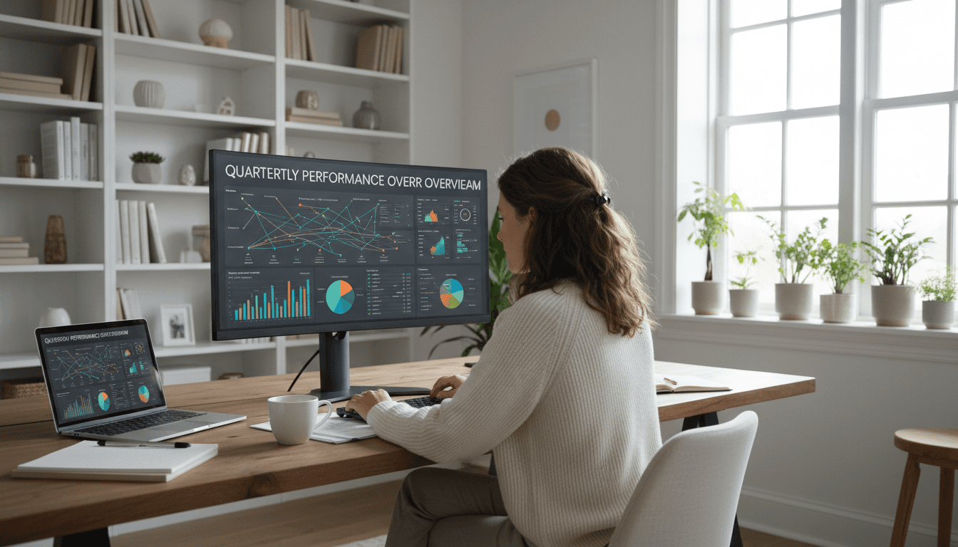 Person reviewing data charts on a laptop in a bright home office