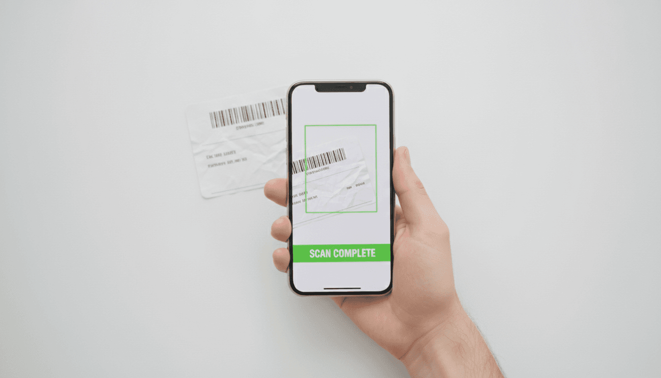 Hand holding a phone scanning a label or document