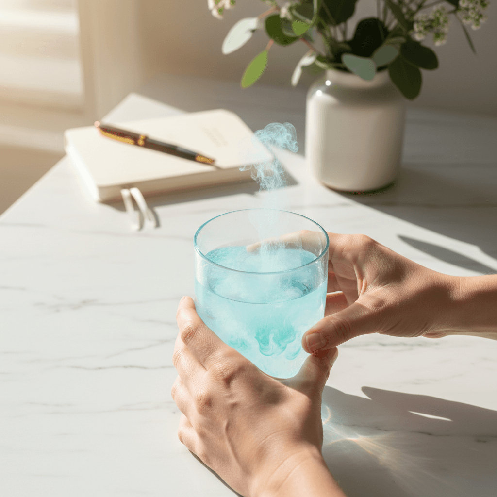 Close-up of hands placing vitamin capsules next to a glass of water on a white counter