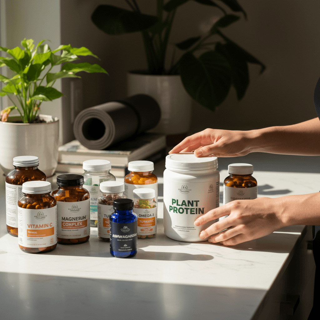 Person arranging supplement bottles and vitamins on a clean table