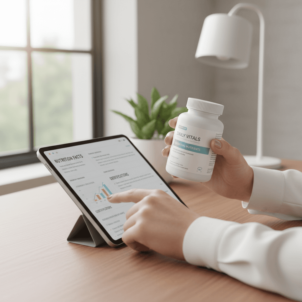 A person checking a supplement ingredient list while holding a tablet in a bright kitchen
